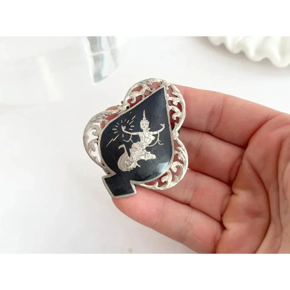 Siam Sterling Niello Makkalah Goddess of Lightening Black Enamel Vintage Brooch - Picture 6 of 10